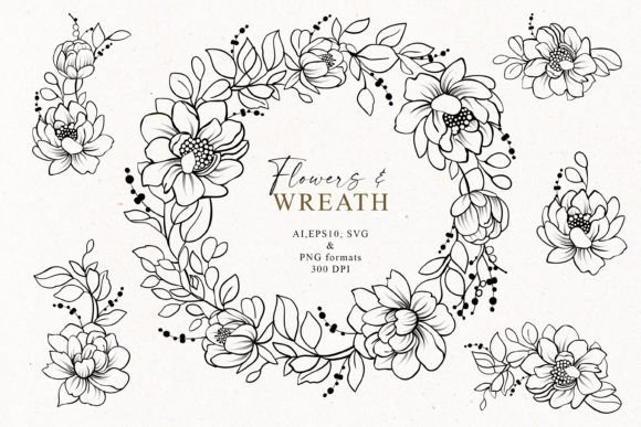 Download Hand Drawn Line Art Flowers and Wreath - Art Collection