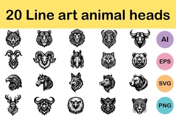 Download 20 Line Art Animal Heads - Art Collection