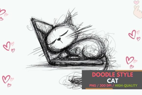 Download Doodle Cat on Laptop Sketch Line Art PNG - Art Collection