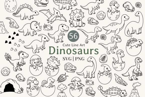 Download Cute Dinosaur Line Art Clipart Bundle - Art Collection