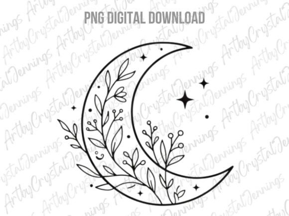 Download Floral Crescent Moon Line Art PNG - Art Collection