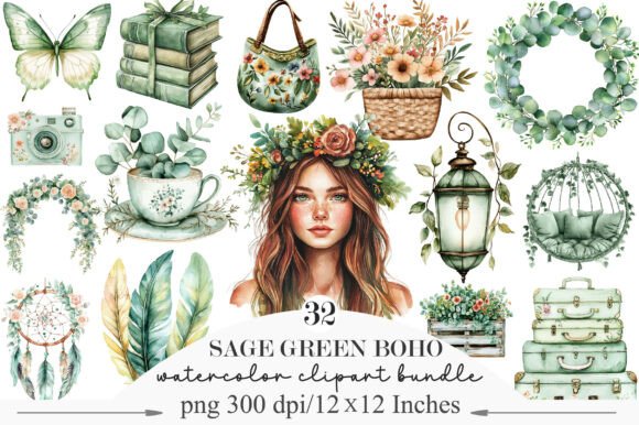 Download Watercolor Sage Green Boho Life Clipart - Art Collection