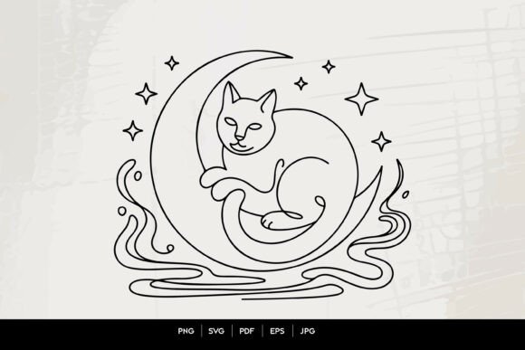 Download Mystical Cat Moon Line Art SVG - Art Collection