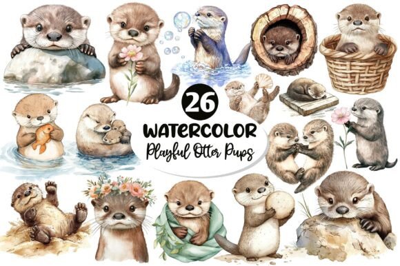 Download Watercolor Playful Otter Pups Clipart - Art Collection