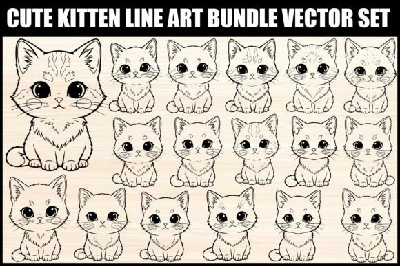 Download Cute Kitten Line Art Bundle Vector Set - Art Collection