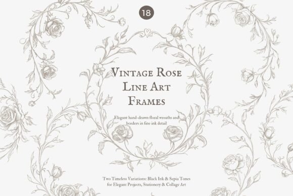 Download Intage Rose Line Art Clipart Set - Art Collection