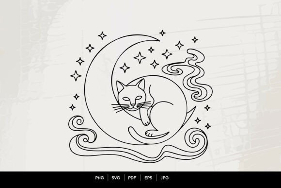 Download Celestial Sleeping Cat Moon Line Art SVG - Art Collection