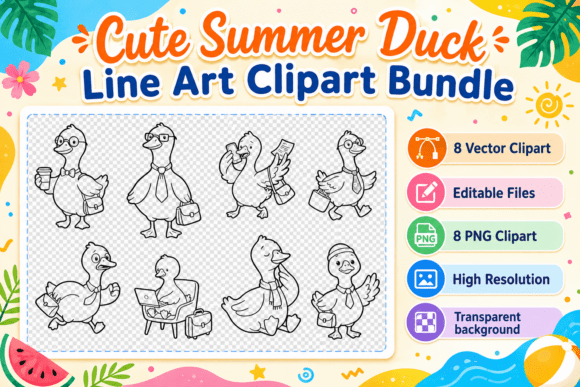 Download Cute Summer Duck Line Art Clipart Bundle - Art Collection