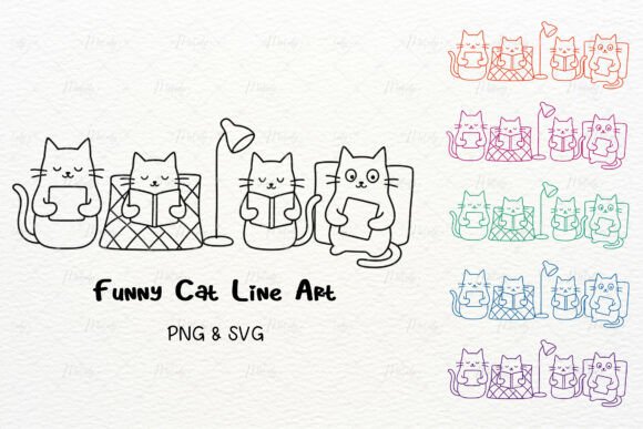 Download Funny Cat Reading Book Line Art PNG SVG - Art Collection